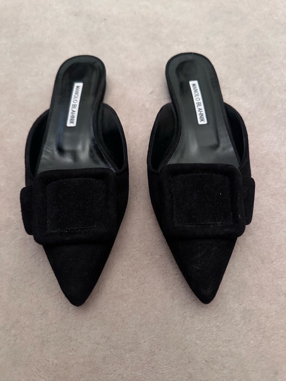 Manolo Blahnik Black Pointed Suede Mule Slides with Buckle Accent